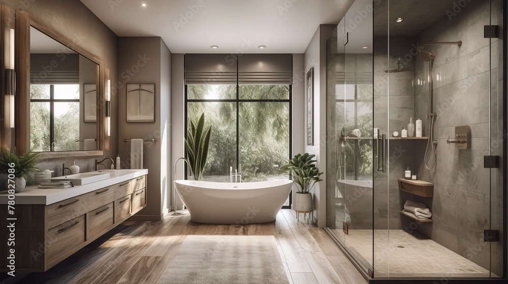 Obraz premium Beautiful Luxurious spa-like bathroom with a glass-enclosed shower
