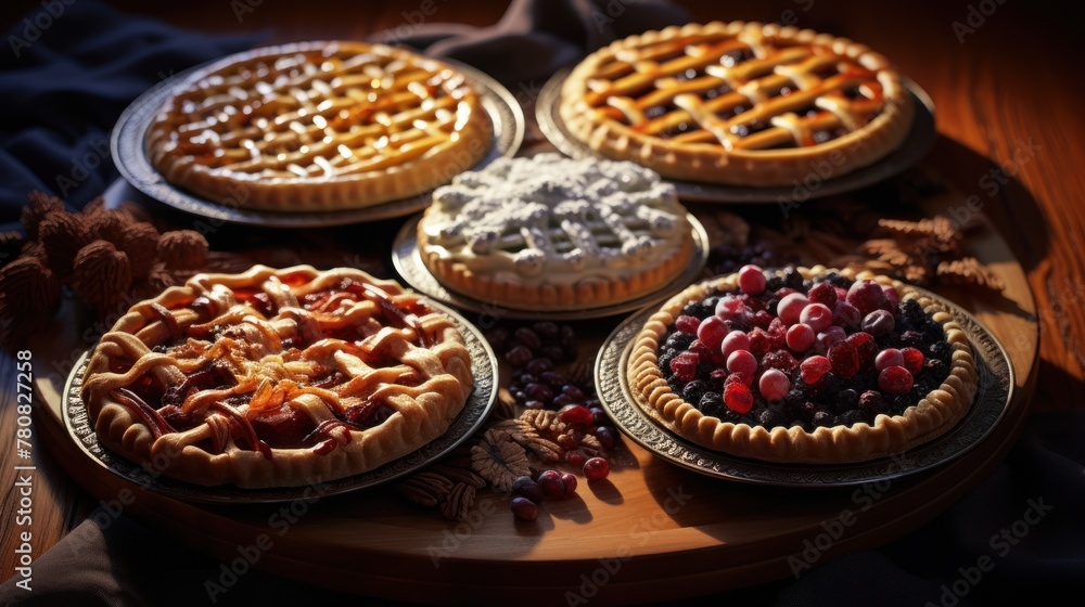 A table topped with five different pies, each with a lattice crust.