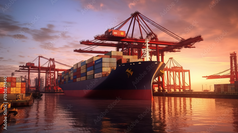 Logistics and transportation of Container Cargo ship with working crane bridge in shipyard at sunrise