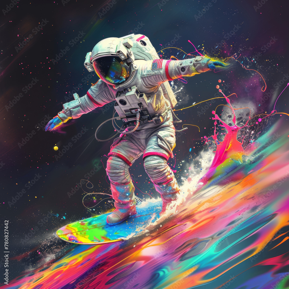 Fototapeta premium astronaut surfing on colorful paint splashes, vibrant digital artwork