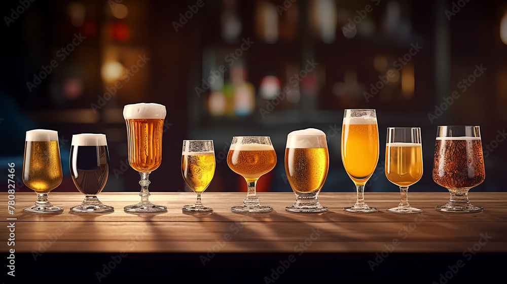 Glasses of beer on a table in bar background Glasses of beer on a table in bar background
