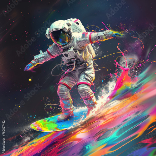 astronaut surfing on colorful paint splashes, vibrant digital artwork  © rafael