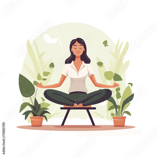 Person doing yoga exercises during work break. Meditation of happy office worker on chair at workplace. Employee meditating in lotus pose at desk. Flat vector illustration isolated on white background