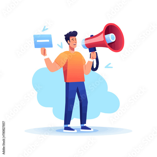 Person holding loudspeaker. Man announcing news with loud speaker in hands. happy character with bullhorn, megaphone for information announcement. Flat vector illustration isolated on white background