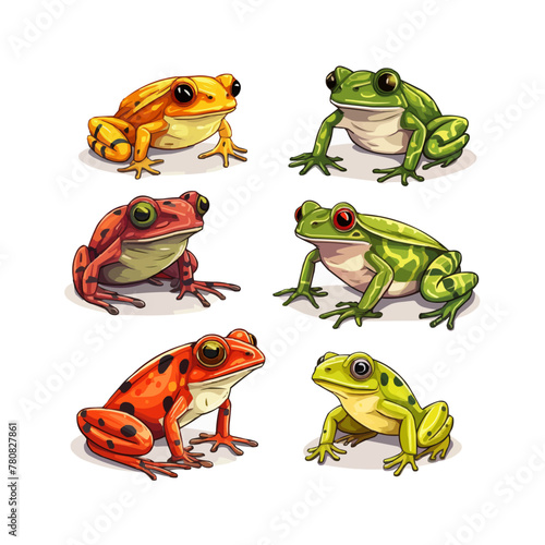 Frogs set. Different species of amphibian, reptile: ceratophrys, tree, tomato and spotted treefrog. Cute, funny tropical, rainforest toad sit with tongue. Lineart isolated vector illustration on white