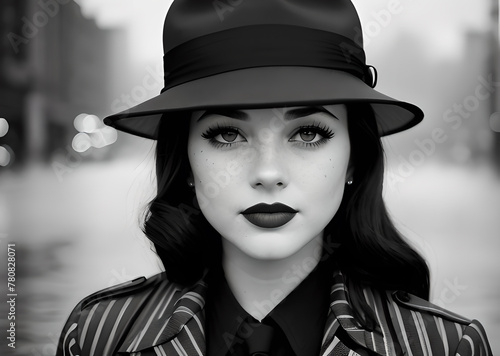 Portrait of a woman in a hat and coat, retro 50s style, black and white, against a city background, Generative AI
