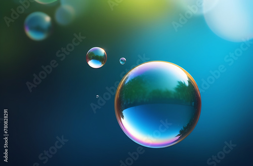 Large rainbow soap bubbles in close-up levitate on a mother-of-pearl background. Concept background