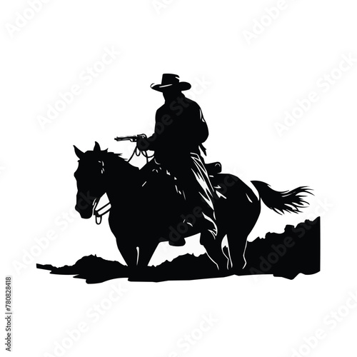 Cowboy on horse with gun, set of black silhouettes - flat vector illustration isolated on white background.