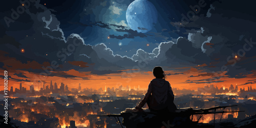 young woman with a glowing umbrella sitting on top of the building against the starry sky, digital art style, illustration painting #780828619