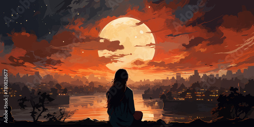 young woman sitting on a bench against beautiful sky, digital art style, illustration painting