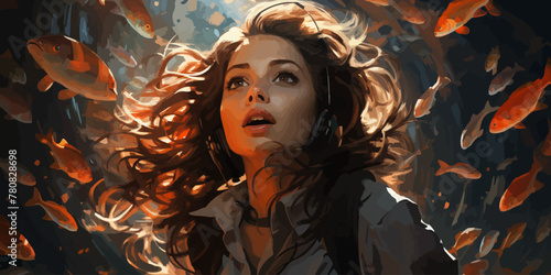 young woman diving with a school of fish in the sea, digital art style, illustration painting