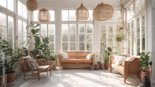 Bright and airy sunroom with wicker furniture and indoor plants