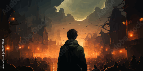 young man with gun looking at crowd of people in apocalyptic city, digital art style, illustration painting