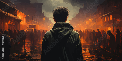 young man with gun looking at crowd of people in apocalyptic city, digital art style, illustration painting