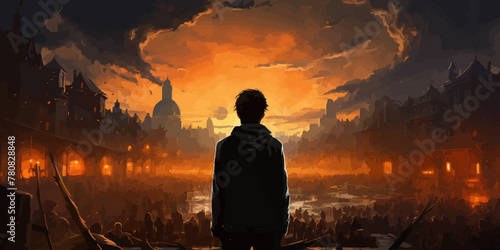 young man with gun looking at crowd of people in apocalyptic city, digital art style, illustration painting