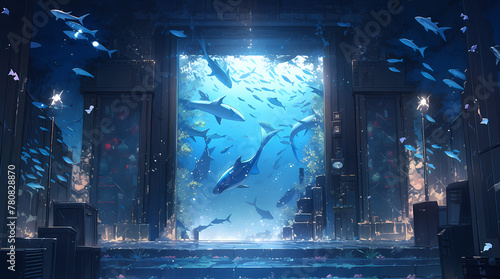 Surreal Underwater World with Sharks in Ruined Cityscape