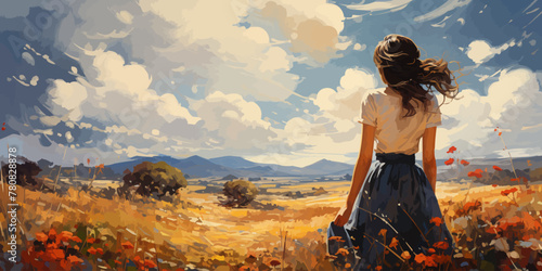 young man walking through a meadow and looking at the ring clouds in the sky, digital art style, illustration painting