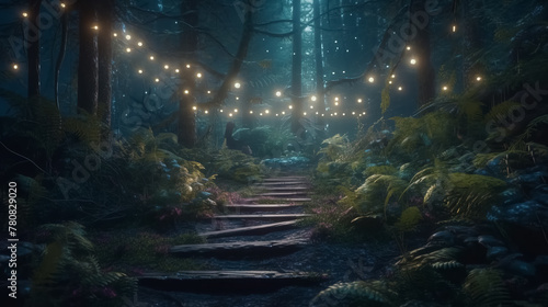 Fantasy forest at night, magic lights and walkway in dark fairytale wood