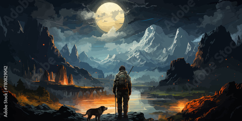 young hiker with backpack and a dog standing on the rock and looking at stars in the night sky, digital art style, illustration painting photo