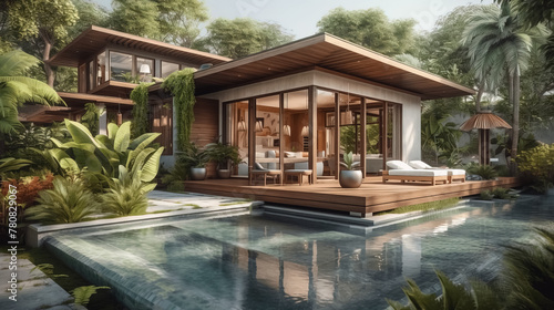 Home or house building Exterior and interior design showing tropical pool villa with green garden and bedroom © lali