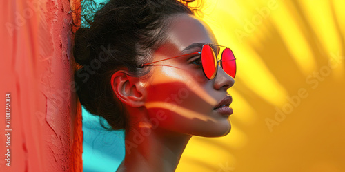 A side profile of a stylish woman with bold red sunglasses, her face cast in dramatic shadow against a bright yellow urban backdrop.
