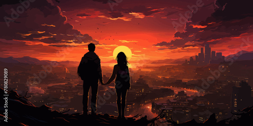 young couple standing on the roof top looking at cityscape at sunset, digital art style, illustration painting