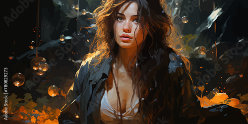 woman with her sword looking at the mysterious floating stones in the forest, digital art style, illustration painting