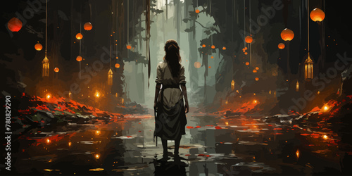 woman with her sword looking at the mysterious floating stones in the forest, digital art style, illustration painting