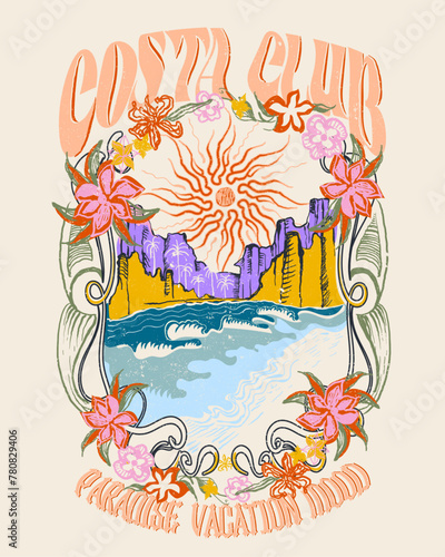 Costa Club Paradise vacation Mood women's graphic tee for tropical flowers summer beach vibes, vintage retro graphic for sunset in beach , hand drawn art for girls fashion colorful vector T- shirt 