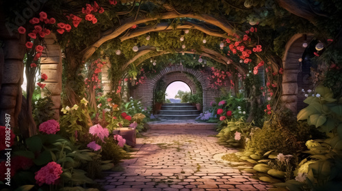 Archway in an enchanted fairy garden landscape