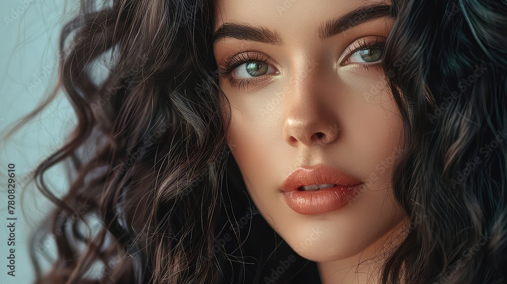 Fototapeta premium Brunette Woman with Healthy, Shiny, Wavy Hair and Bright Makeup: Perfect for Beauty Salon and Haircare Business