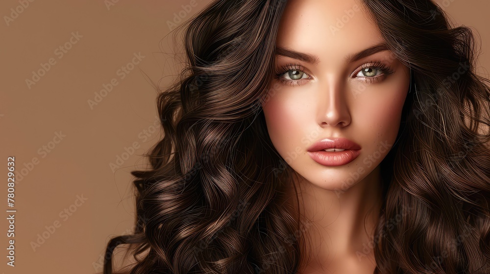 Naklejka premium Brunette Woman with Healthy, Shiny, Wavy Hair and Bright Makeup: Perfect for Beauty Salon and Haircare Business