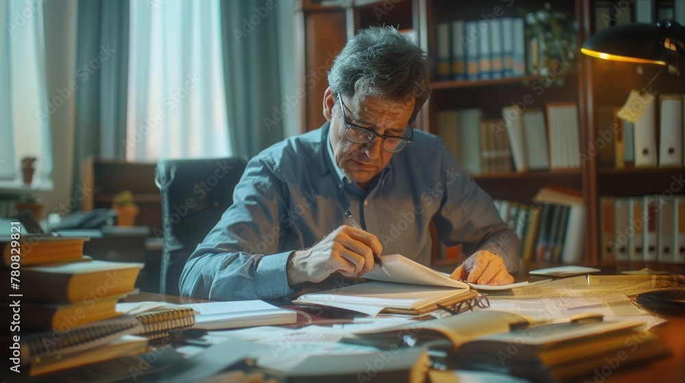 A man sitting at a desk with a book, suitable for educational and business concepts A man sitting at a desk with a book, suitable for educational and business concepts