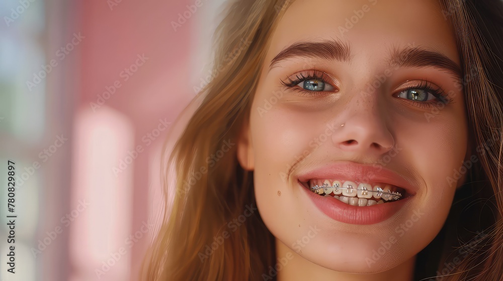 Beautiful Woman with Braces on Teeth, Emphasizing Orthodontic Treatment Beautiful Woman with Braces on Teeth, Emphasizing Orthodontic Treatment
