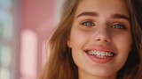 Beautiful Woman with Braces on Teeth, Emphasizing Orthodontic Treatment
