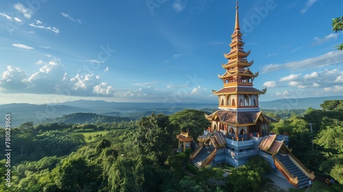 Majestic Tranquility: Thai Temple Embraced by Rolling Hills and Lush Forests photo
