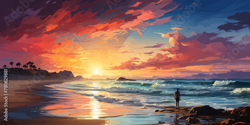 woman holding a colorful surfboard standing on the beach looking at the sky, digital art style, illustration painting