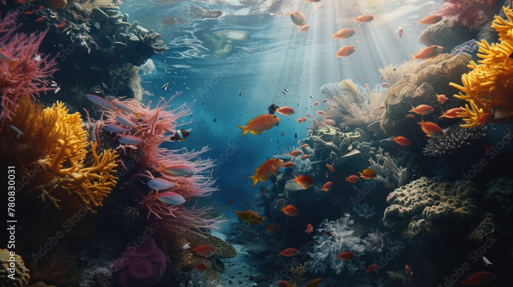 Underwater scene with colorful fish and coral reef. Suitable for marine life concepts - obrazy, fototapety, plakaty 