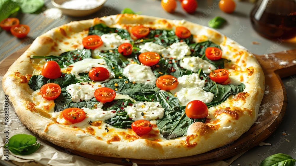 Authentic Italian Pizza with Fresh Spinach, Cherry Tomatoes, and Mozzarella Cheese
