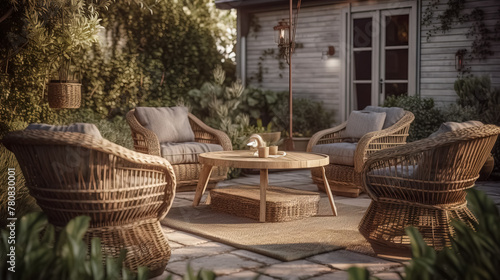 Beautiful backyard patio area with wicker furniture set