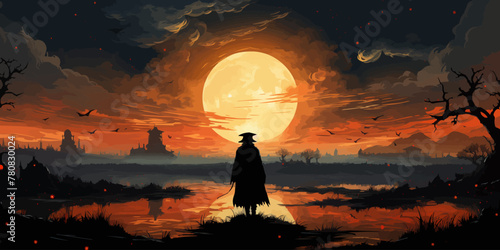 wizard of crows casting a spell in the mysterious field with solar eclipse, digital art style, illustration painting