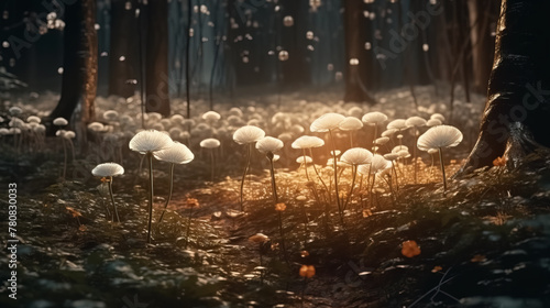 Fantasy forest, magic luminous flowers in fairytale wood