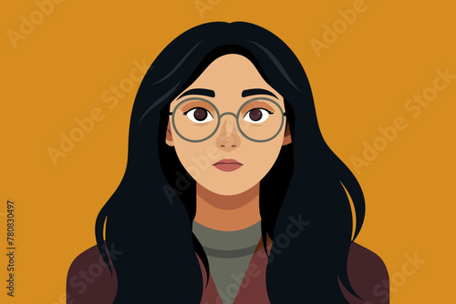 Long black hair, black eyes, round face, wearing glasses