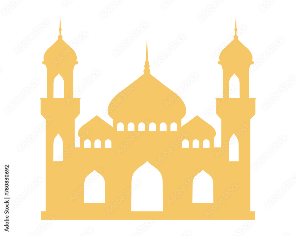 Silhouette of a muslim mosque building with a minaret. Mosque muslim arabic architecture religious graphics. Prayer building islamic culture. Flat style, sacred architecture. Vector illustration.