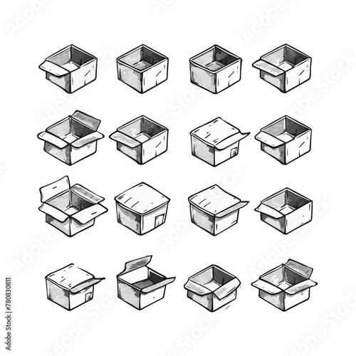 Box icon set isolated on white background. Empty open shipping box or unboxing line art.