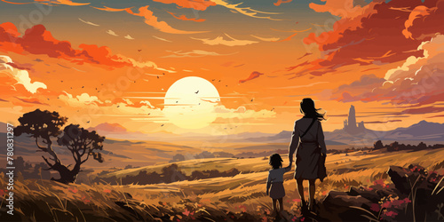 Waiting for you in a beautiful place. Woman and her child standing on the meadow looking forward at the horizon, digital art style, illustration