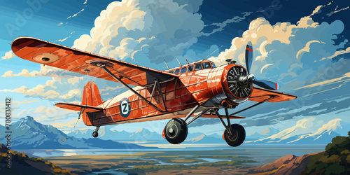 vector illustration of the clouds image with a biplane flying in the blue sky vector