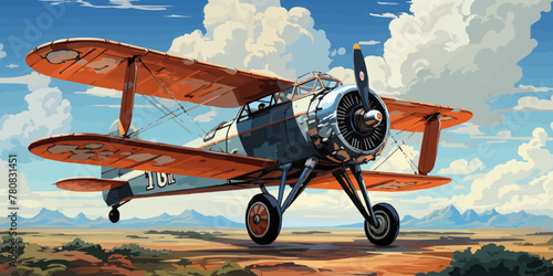 vector illustration of the clouds image with a biplane flying in the blue sky vector