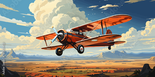 vector illustration of the clouds image with a biplane flying in the blue sky vector