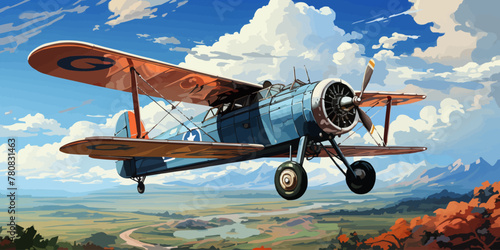 vector illustration of the clouds image with a biplane flying in the blue sky vector